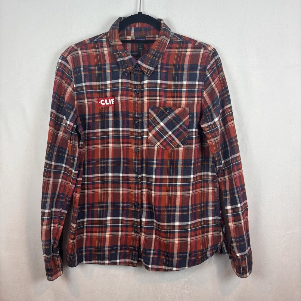 Patagonia Women's Red‎ Flannel Button Up cliff bar logo shirt sz 6 100% Cotton
